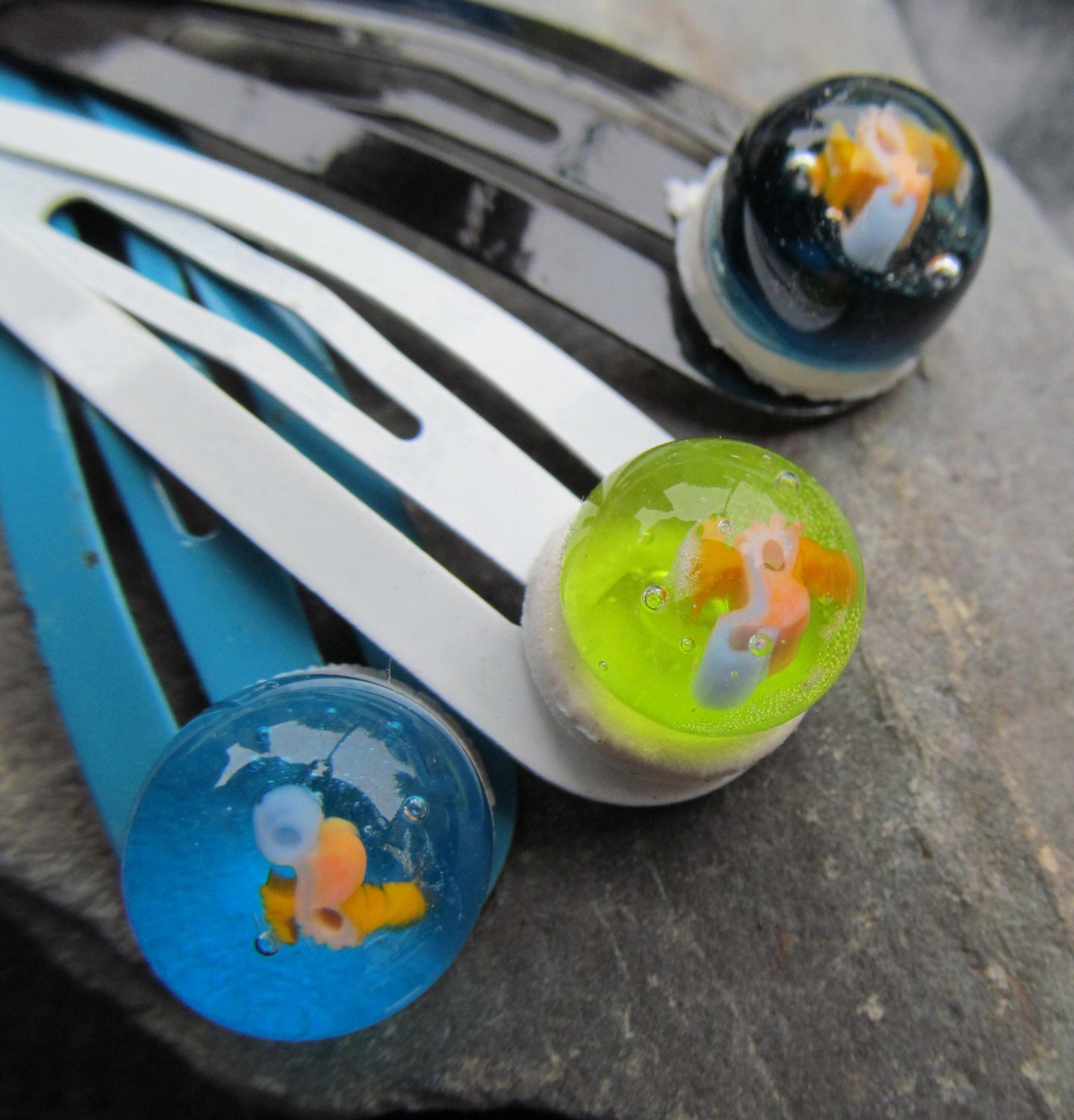 Baby Seahorse trio of lampwork cabochon hairclips aqua/white/black