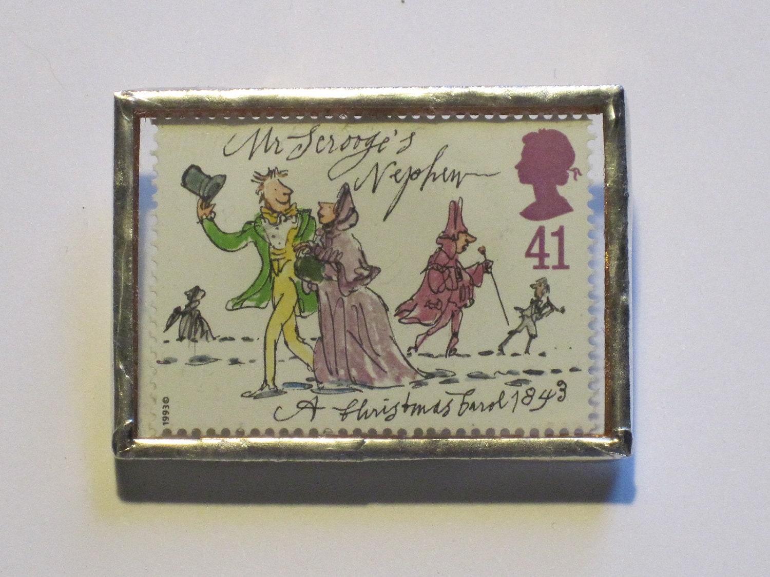Postage Stamp Brooch - A Christmas Carol - Mr Scrooge's Nephew