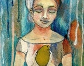 Frida inspired Mixed Media painting  Woman with Pear Acrylics Original Art