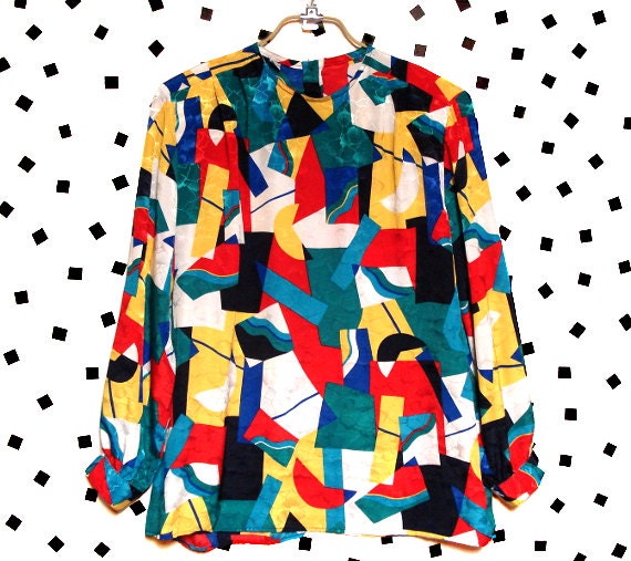 Multicolor Graphic Abstract Blouse- Vintage 1980s- Size 14