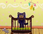 Cranky Cat Matted Print - Kitten In Crib