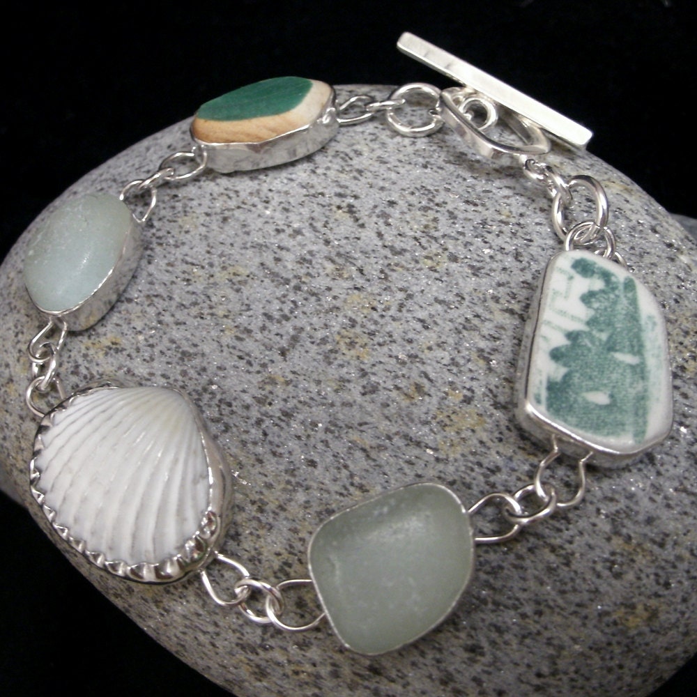 Beachcombed Coke Bottle Green Sea Glass, Pottery Shard and Seashell Bracelet Set in Sterling Silver