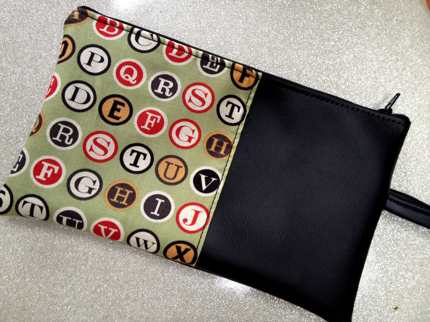 Typewriter Keys Fabric and Black Vinyl Wristlet