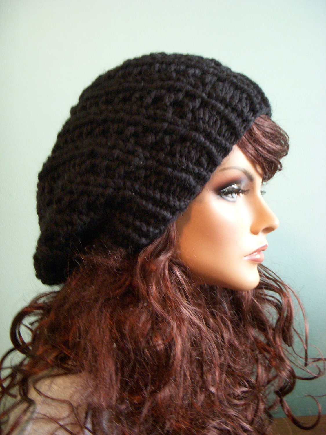 Black Slouchy Chunky Knitted Hat, Hand Knit Jet Black Beret Cap