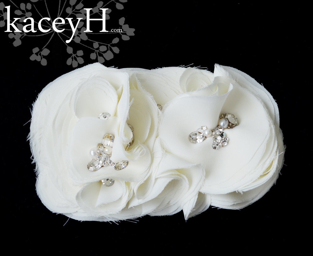 Ruffled bridal flower applique filled with Swarovski crystals and natural pearls. Ready to ship.