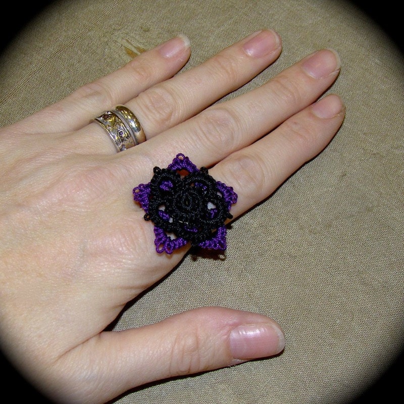 Tatted Lace Adjustable Statement Ring - Two Color Flower