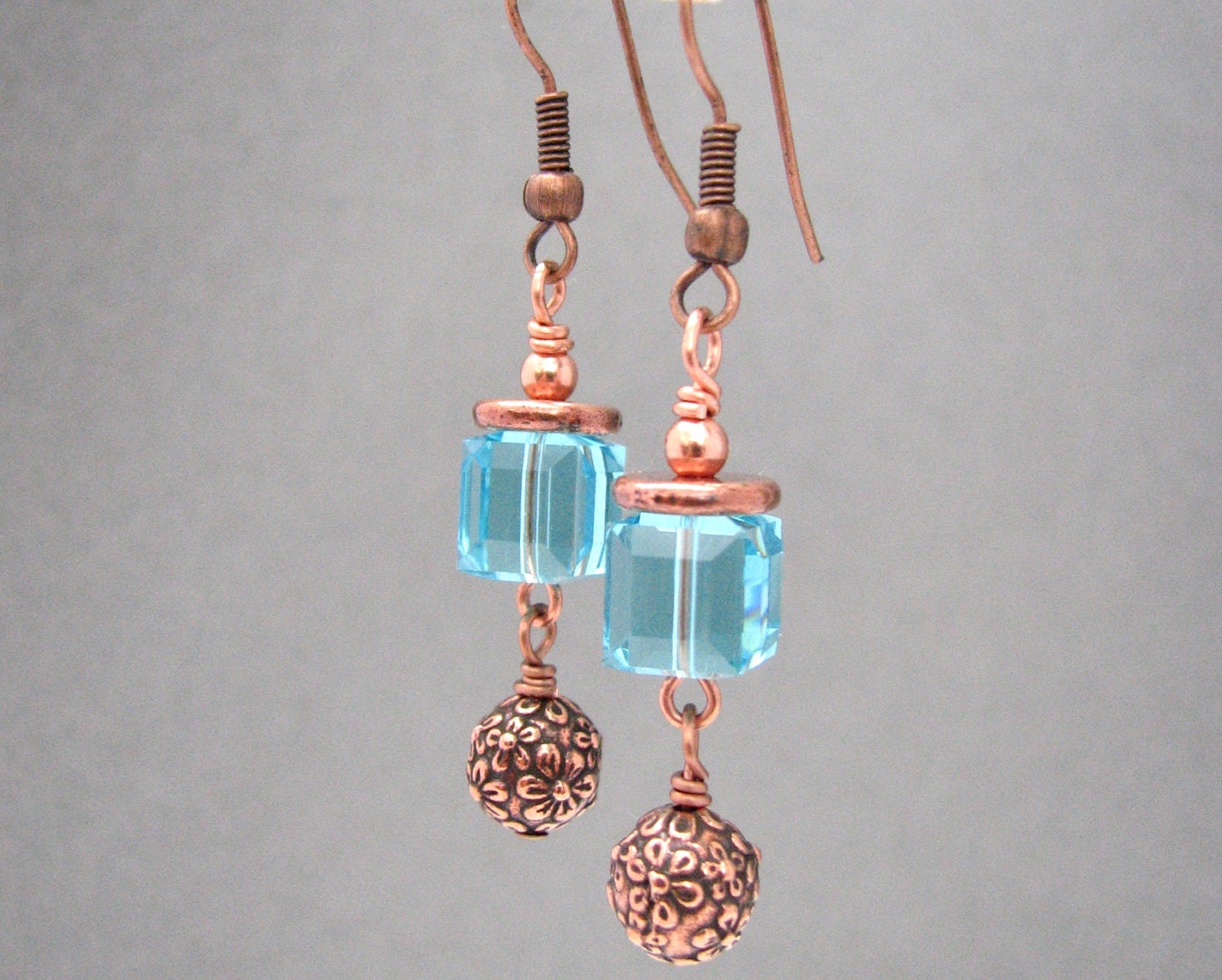 Copper Flower Bead Earrings - Swarovski Crystal Blue Cube