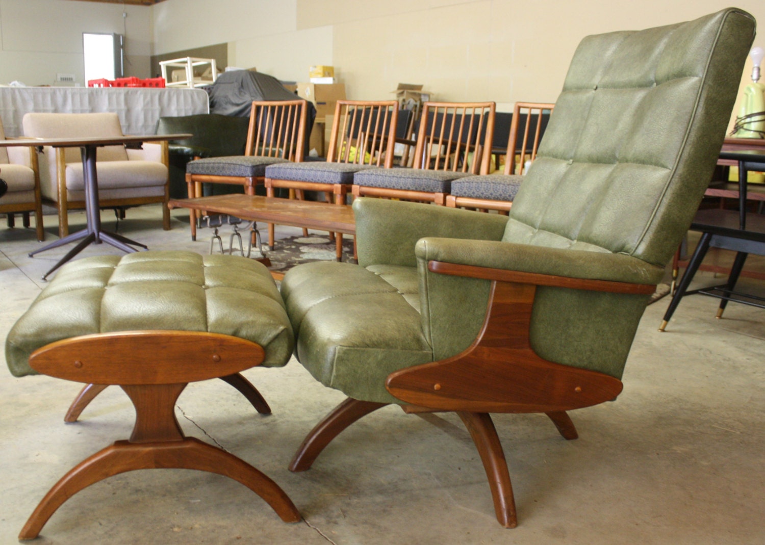 Mid Century Danish Wood Trim Green Swivel Rocking Chair with Ottoman