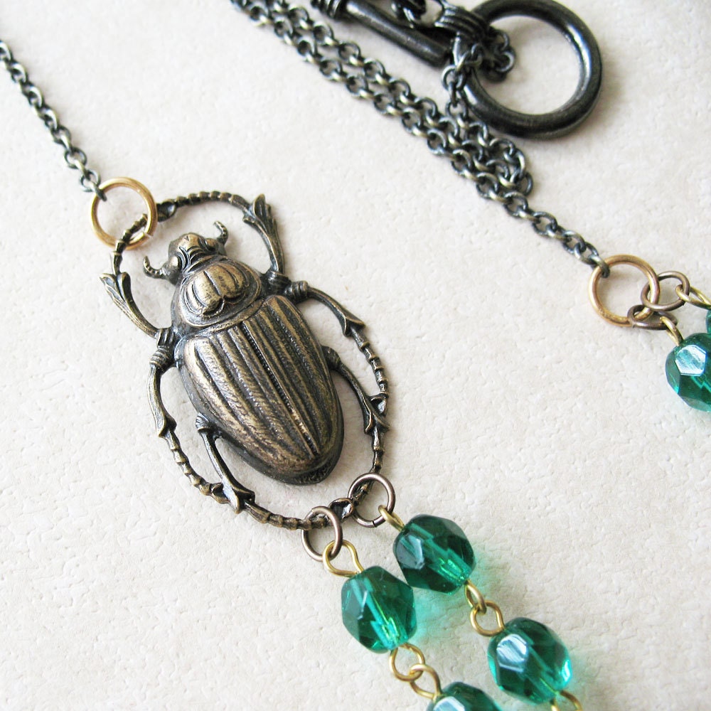 Emerald Green Beaded Scarab Necklace