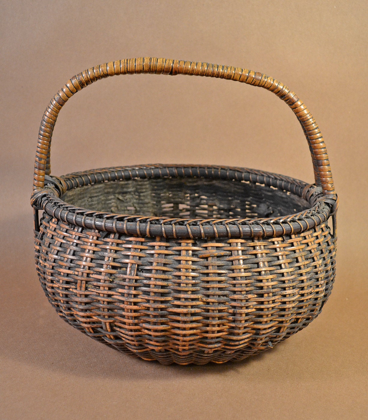 Antique Japanese Woven Handled Basket with Great Patina