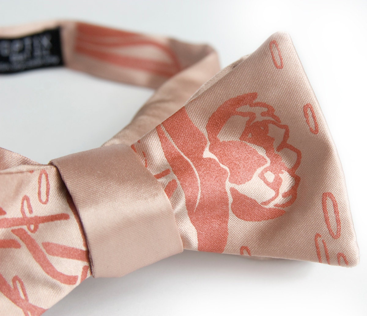 Lotus bow tie. Dark salmon water lily print. Peach tie. Silkscreened floral necktie. Adjustable.