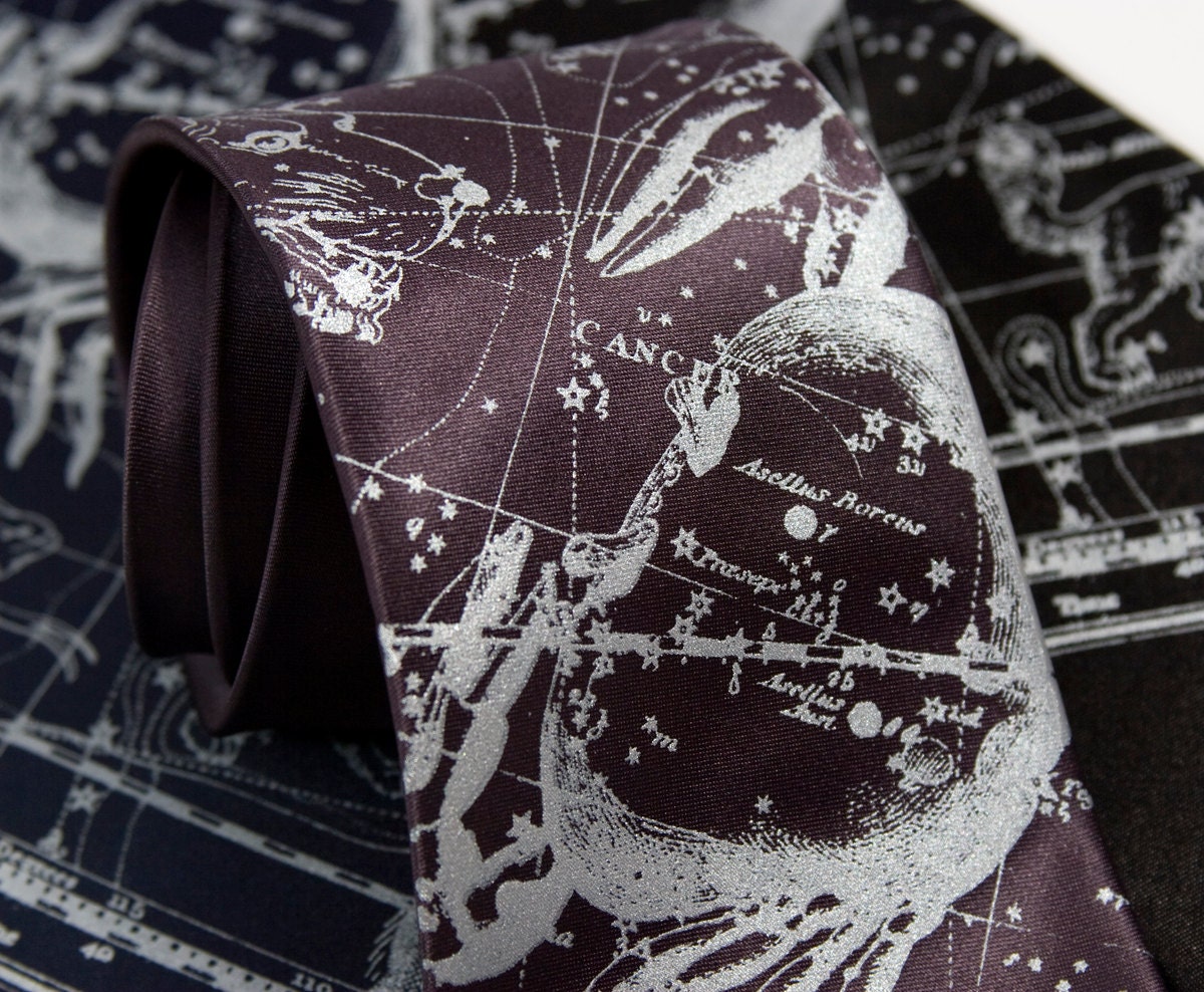 Cancer Zodiac necktie. Night sky constellation tie. Star chart men's tie. Silver crab print. Your choice of microfiber tie colors.