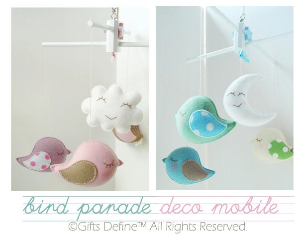 Musical Baby Mobile  BIRD PARADE for Boys or Girls (embroidered both sides) - Crib Mobile for Modern Nursery or Playroom Decor (choose one)