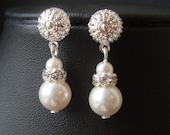 Pearl and Rhinestone Dangle Bridal Earrings, Modern Vintage Pearl Wedding Bridal Earrings, Ivory White Pearl Bridesmaid Earrings, Kate