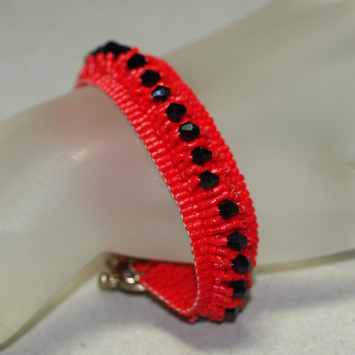 Black Crystal Path ... Bracelet . Peyote . Bright Cherry Red . Beadwoven . Stunning . Elegant . Special Occasion . Handmade . Beautiful