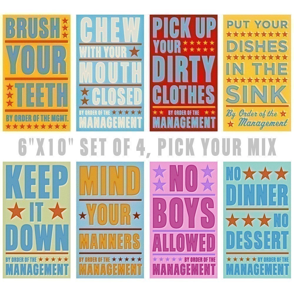 Wall Art for Kids Room - By Order of The Management Set of 4 Prints Pick the Mix - 6 in x 10 in Childrens Room Decor - Modern Nursery Decor