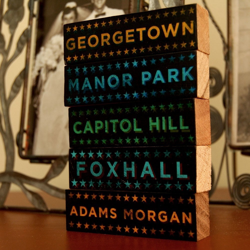 Washington DC Art Hoods on Wood Shelf Decor - Five Typographic Art Block Set - Pick the Hoods of your hometown art - Gift for Dad