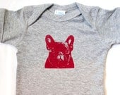 French Bulldog Baby Onesie, Baby Shower Gift Favor, dog print t shirt, screen print - 6 or 12 months  - Heather dog screen print