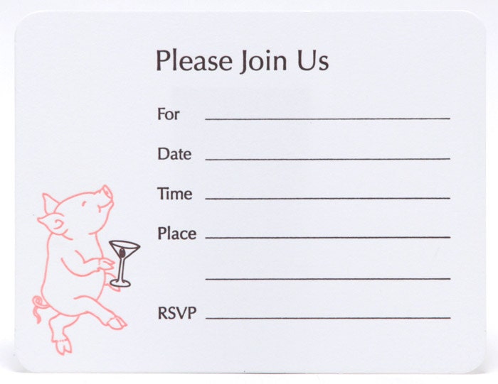 Letterpress Fill-In Invitations with martini, 8 flat cards with envelopes, ready to ship