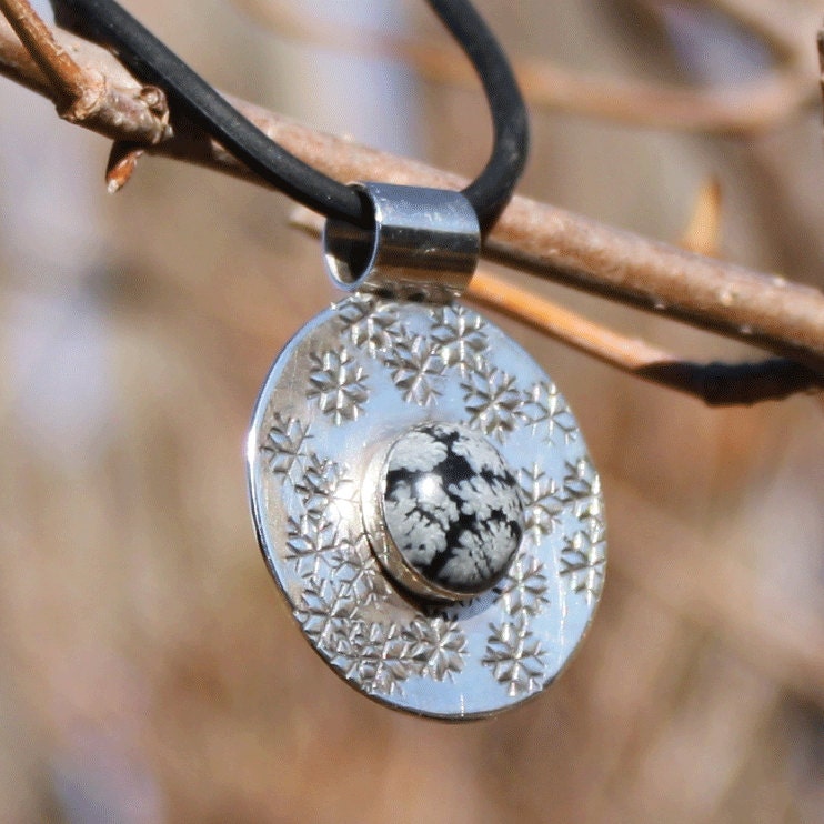 Circle Pendant of Snowflake Obsidian Bezel Set on Snow Flake Stamped Silver