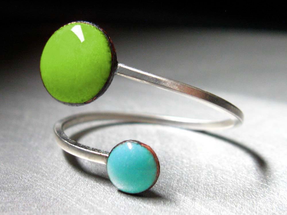 Ready to Ship: Orbit Enamel Ring, Lime Green and Sky Blue, Adjustable Size, Kiln-fired Glass Enamel and Sterling Silver