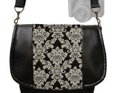 DSLR Camera Bag Purse Slr  Vegan Leather Camera Bag Black Damask Tapestry  Zipper Padded Deluxe Model