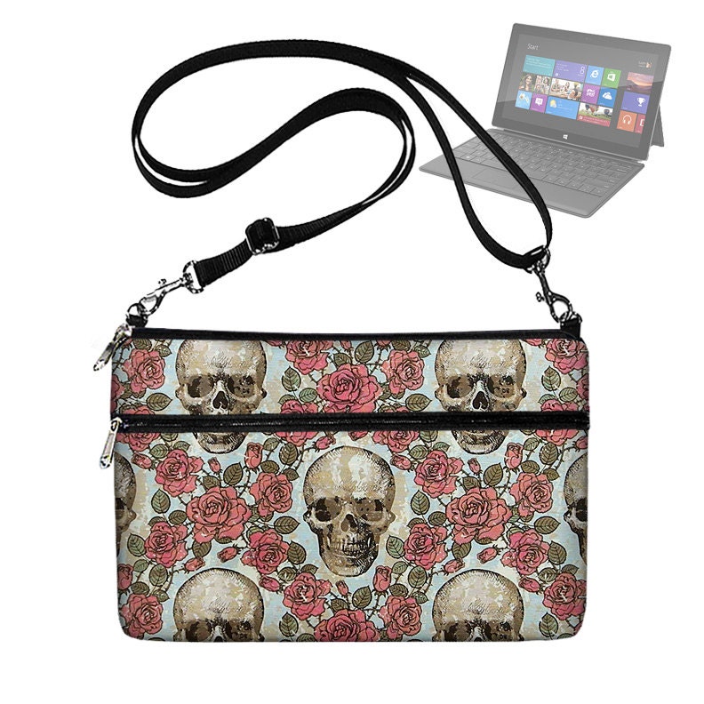 SALE Steampunk Laptop Bag for Microsoft Surface Tablet  Womens Laptop Case with Strap Pocket Zipper Skulls Roses Goth Gothic  (RTS)