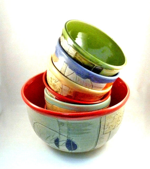 Set of Decorative Ceramic Salad Bowls and One Serving Bowl - six personal size - one large kitchen bowl - SHIPS TODAY - Carved Art Vessels