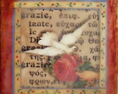 Bird ENCAUSTIC Collage Painting Grazie-Italian Thank You - Small Beeswax Mixed Media Art- 6x6- White Dove Rose