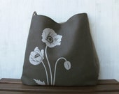 Hemp Tote Bag - Handbag - Messenger Bag with Poppies - Charcoal Gray