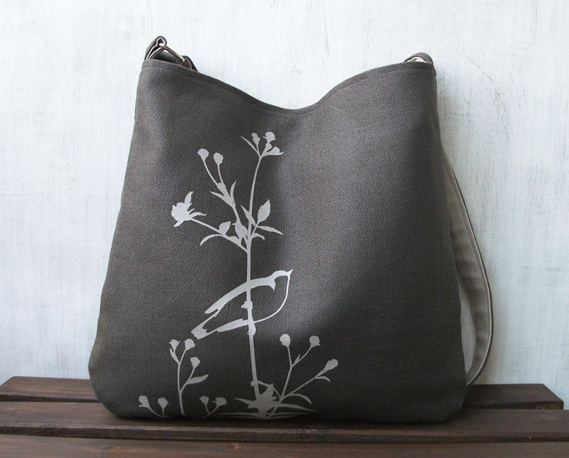 Hemp Messenger Bag with Songbird on Flower Organic Cotton Lining - Charcoal Gray