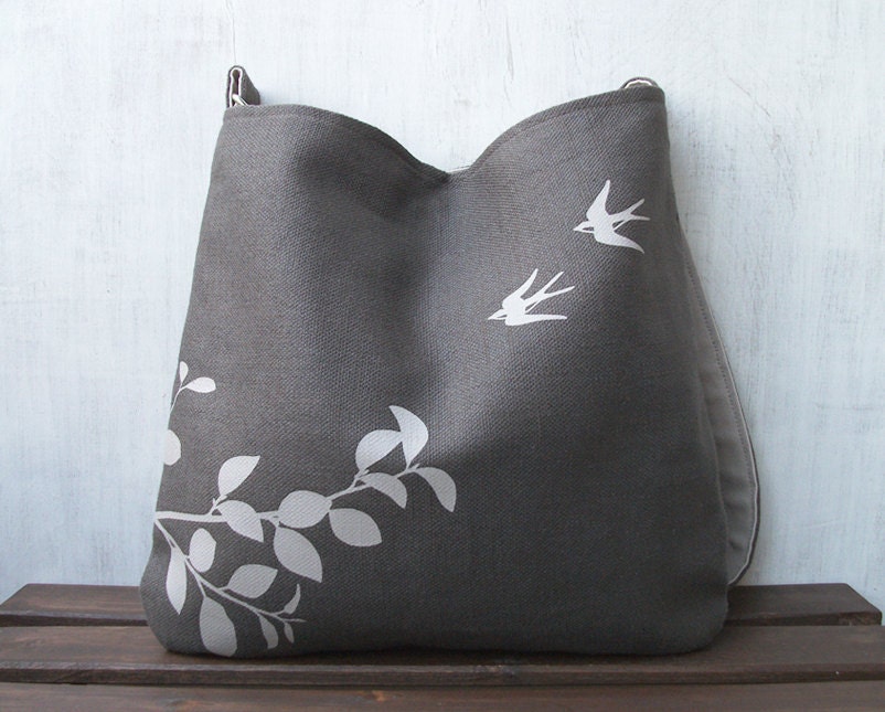 Hemp Tote Bag / Messenger Bag with Flying Swallows - Charcoal Gray