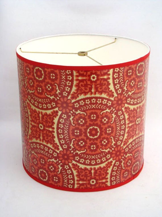 Drum Lamp Shade in 1960's Red & Gold Geometric Medallion Vintage Wallpaper