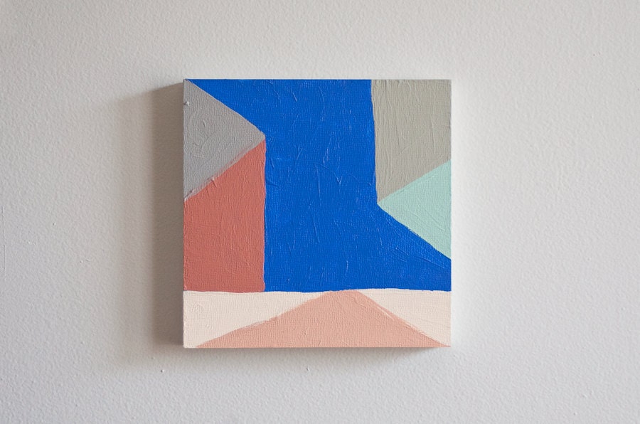 6 x 6 original acrylic painting / abstract angles 5 / blue / peach / slate / mint / terra cotta