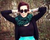 Green and black infinity scarf in popcorn crochet. Eco friendly recycled cotton yarn scarf