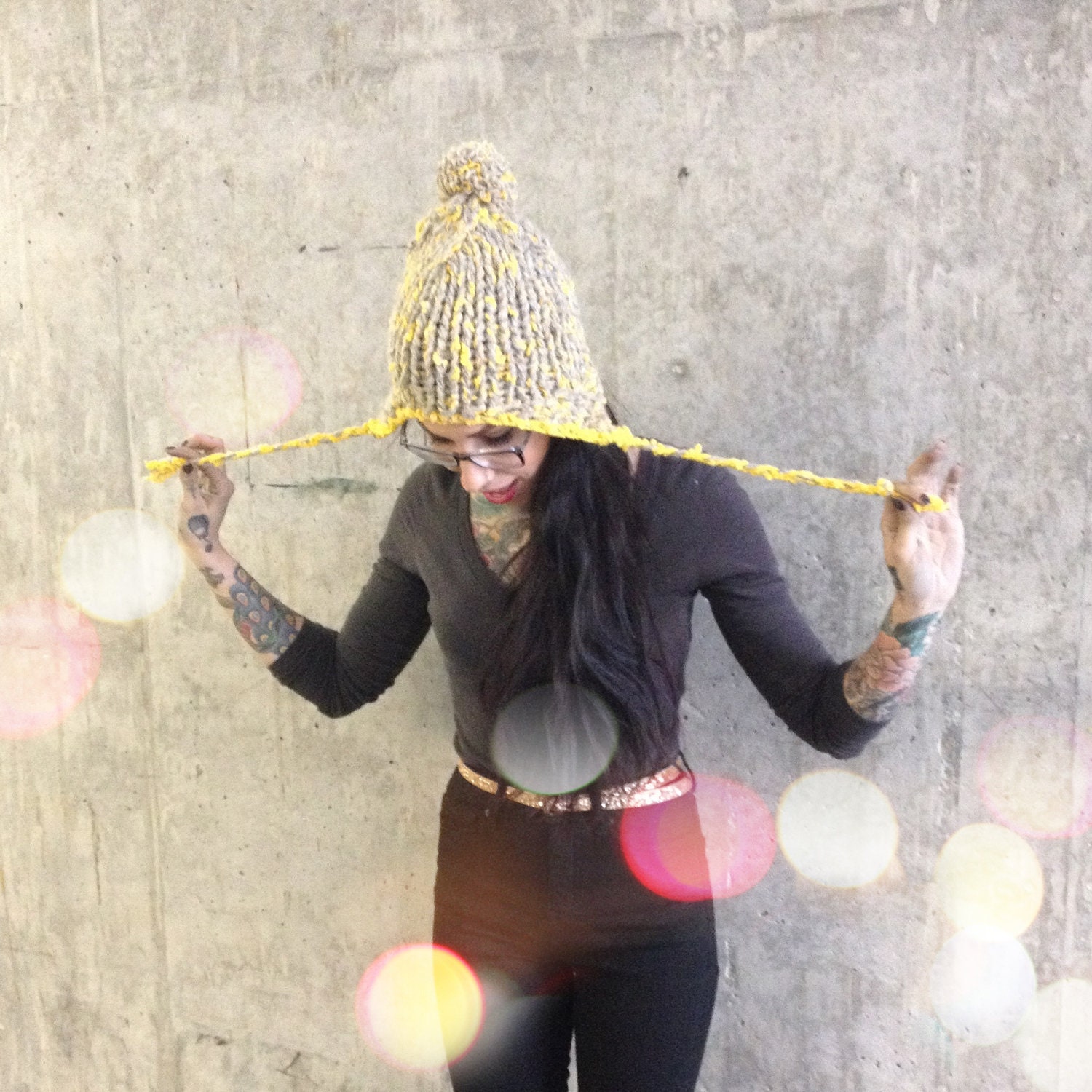 Grey and yellow earflap knit hat with pompom - one of a kind
