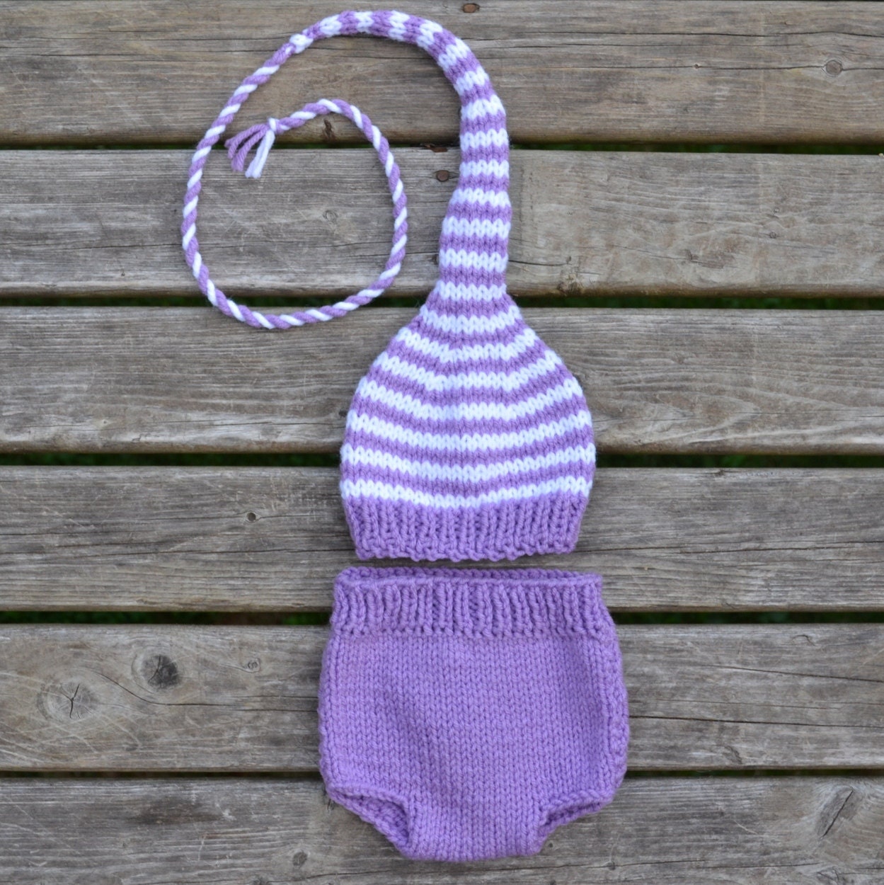 NeWBoRN Girl Diaper Cover Hat SET Baby PHoTO PRoP Lavender Mauve w White Stripe Long Tail Stocking Cap Machine Wash Acrylic ReAdy to SHiP