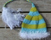 Baby Girl Boy HaT PHoTo PRoP newborn  CHRiSTMaS ToY MaKeR UNiGENDeR White FuZZy BRiM TaSSeL Aqua Dark Lime Stripes Knit ReADY to SHiP
