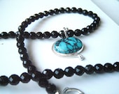 Necklace Black Quartz Beads with a Turquoise Cabochon