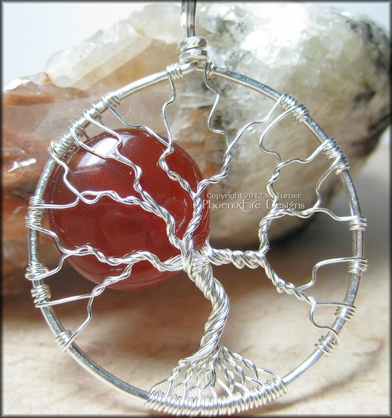 Blood Moon - Tree of Life Pendant in Sterling Silver Wire with Red Agate Gemstone Full Moon Limited Edition PhoenixFire Designs Original