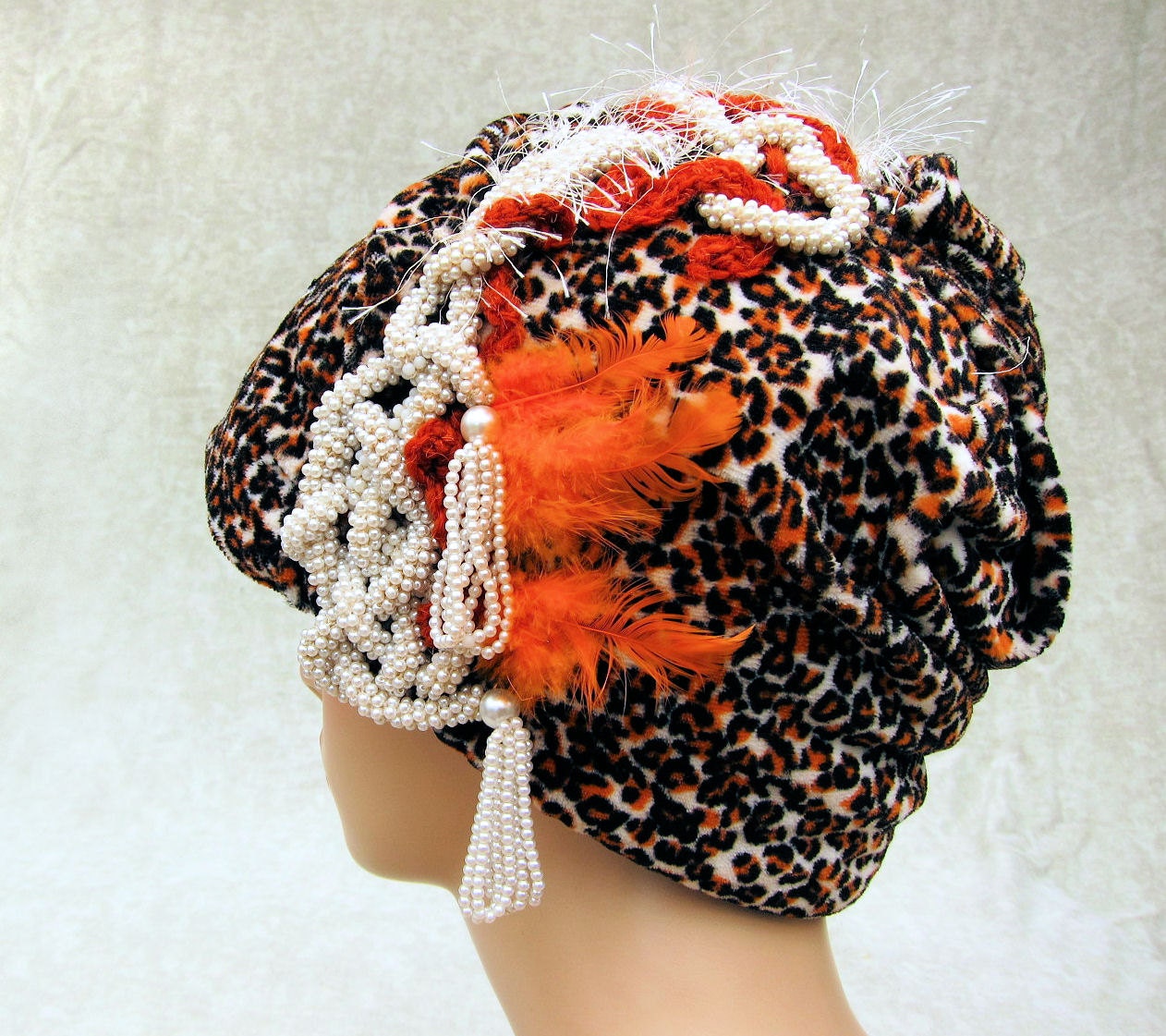 Leopard hat, leopard beanie, retro hat, unique hat, cool hat, hat for women, crochet hat, statement hat WINTER SALE