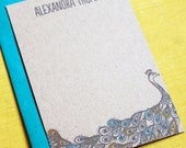 Set of 10 personalized flat notes- Peacock on Kraft
