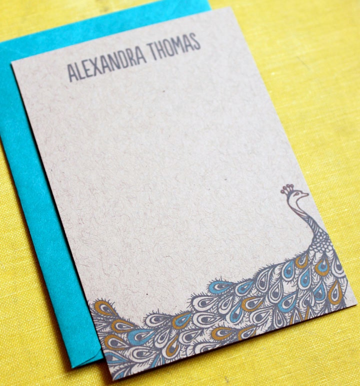 Set of 10 personalized flat notes- Peacock on Kraft