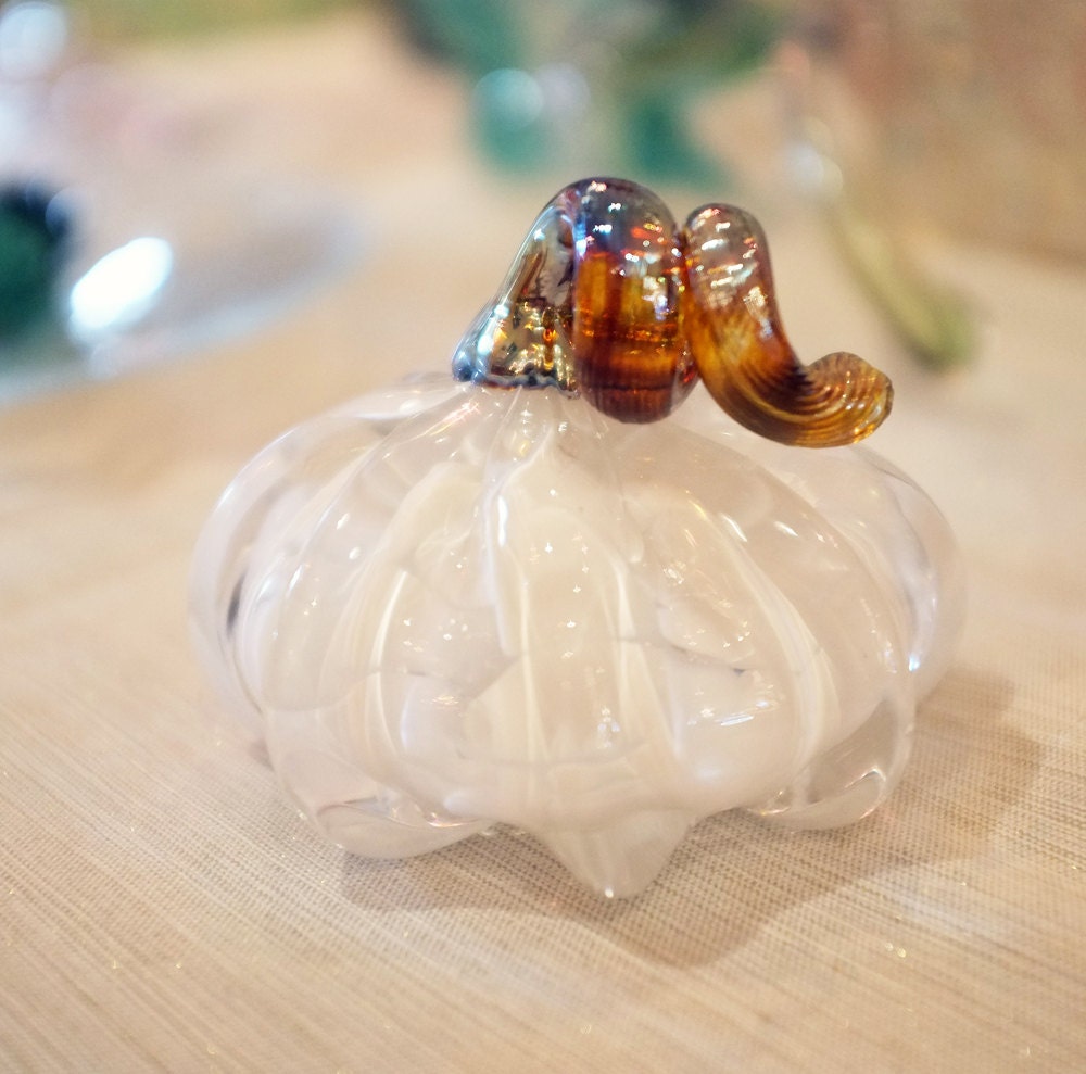 Hand-Blown White Pumpkin with Metallic Gold Stem