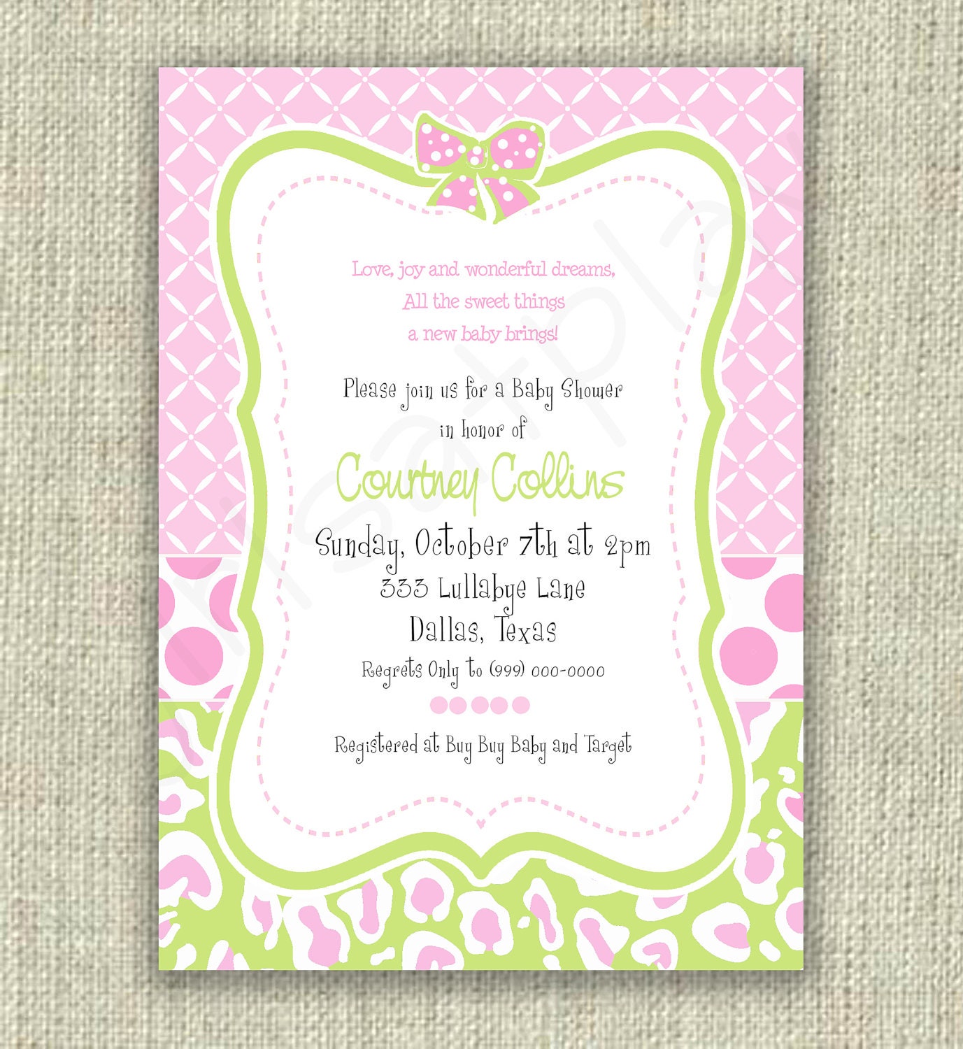 Baby Shower Girl Invitation Invite Funky Pink Girl Green Leopard - Printable DIGITAL - by girls at play girlsatplay Il_170x135