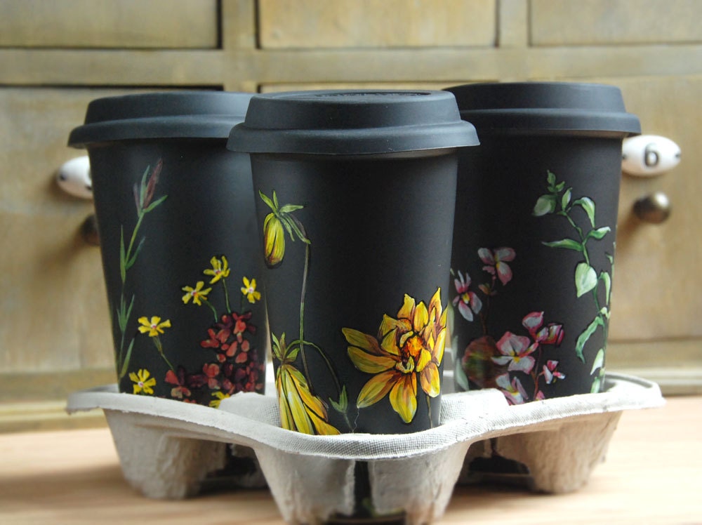 Custom Illustrated for You with Botanical Design - Black Ceramic Eco Friendly Travel Mug Double Walled Porcelain with Lid