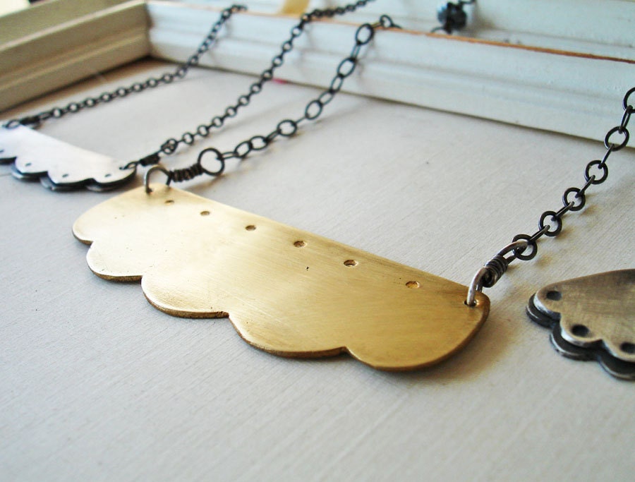 Scalloped Brass Bar Horizontal Charm FREE SHIPPING with Dot Detail Silver Chain Womens Accessory