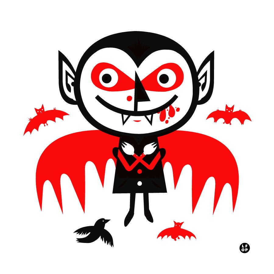 Cute Baby Vampire Art Print Screenprint - Red Black Ravens Bats Hand Printed Silkscreen Poster - Little Friends of Printmaking