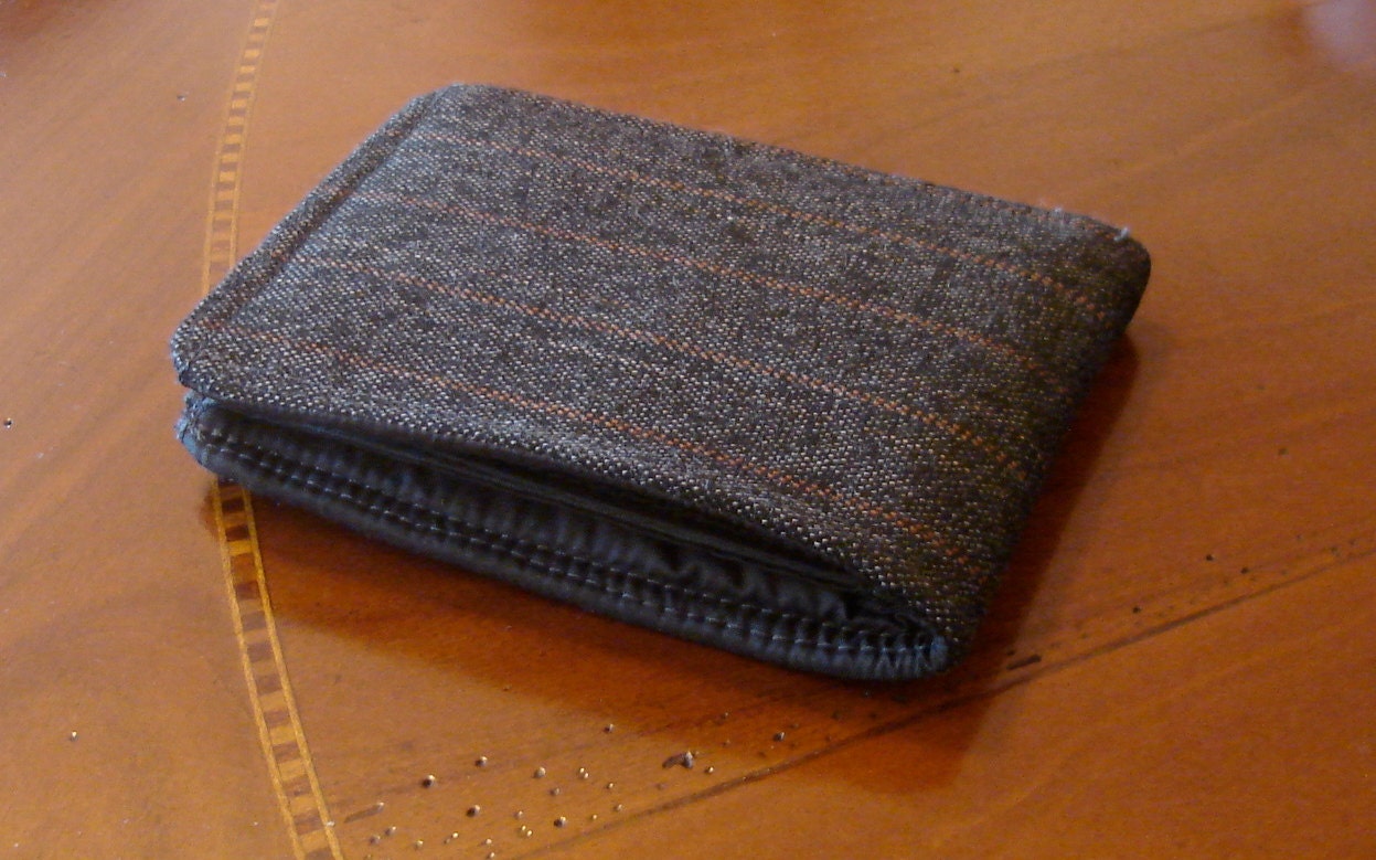 Men's wallet  tweeded pinstriped wallet  - 7 pocket billfold - wool silk - black water resistant lining