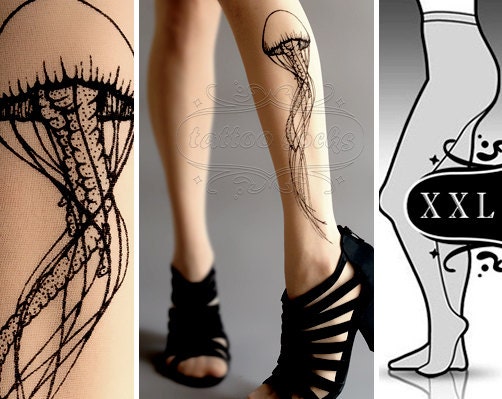 new: plus size XXL sexy Jellyfish tattoo tights / stockings/ full length / pantyhose / nylons LIGHT mocha